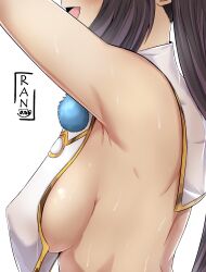 absurdres armpits breasts brown_hair fate/grand_order fate_(series) highres long_hair medium_breasts nipple_stimulation nipple_tweak nipple_tweak_through_clothes profile ran_sk sideboob simple_background sweat ushiwakamaru_(fate) white_background