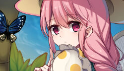 1girl apron blue_background blue_butterfly braid bug butterfly cloud finger_to_mouth frilled_sleeves frills green_apron hair_over_eyes hat insect leaf looking_at_viewer looking_back original parted_lips pink_eyes pink_hair pointing pointing_at_self polka_dot polka_dot_shirt pupa_jiang shirt shushing sidelocks signature single_braid sun_hat tree video_game white_shirt yellow_hat