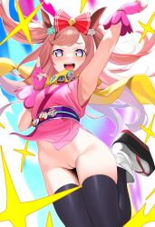Rule 34 | 1girl, :d, agnes digital (umamusume), alternate costume, animal ears, arm up, armpits, black thighhighs, blue eyes, bow, brown hair, commentary request, gold ship (umamusume), hair bow, heart, heart-shaped pupils, highres, horse ears, horse girl, horse tail, japanese clothes, kitasan black (umamusume), long hair, looking at viewer, ninja, no panties, okobo, open mouth, platform sandals, pussy, red bow, sandals, smile, socks, solo, special week (umamusume), symbol-shaped pupils, tabi, tail, thighhighs, ugohato, umamusume, uncensored, white socks