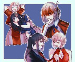 2girls black_hair black_jacket blonde_hair blue_background blue_dress blue_ribbon closed_eyes clothes_grab commentary_request dress hair_ribbon inoue_takina jacket jewelry kumabehaso long_hair looking_at_another lycoris_recoil lycoris_uniform multiple_girls neck_ribbon necklace necktie necktie_grab neckwear_grab nishikigi_chisato open_mouth ponytail purple_eyes red_dress red_eyes red_necktie red_ribbon ribbon sleeping sleeping_on_person smile sweatdrop two-tone_background yuri