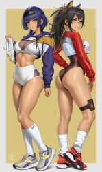 2girls alternate_costume ass black_hair black_headband black_leotard blue_eyes border breasts candace_(genshin_impact) cleavage closed_mouth clothing_request commentary dated dehya_(genshin_impact) ear_piercing english_commentary genshin_impact grey_border gym_uniform hair_between_eyes hair_ears headband heterochromia highres holding holding_towel kneehighs large_breasts leotard long_hair looking_at_viewer medium_hair multicolored_hair multiple_girls navel paid_reward_available parted_lips piercing ponytail purple_hair purple_shrug red_shrug sciamano240 see-through_cleavage see-through_clothes shoes smile sneakers socks stomach streaked_hair sweat tan thighs towel white_socks yellow_background yellow_eyes
