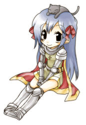 1girl animal animal_on_head ark_kan armor armored_boots black_cat black_eyes blue_hair boots bow brown_dress cape cat cat_on_head chainmail closed_mouth commentary_request cross dress full_body gauntlets hair_bow knight_(ragnarok_online) long_hair looking_at_viewer lowres on_head pauldrons pointy_ears ragnarok_online red_bow red_cape shoulder_armor simple_background sitting smile solo white_background
