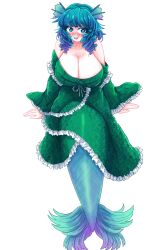 1girl absurdres blue_hair breasts double_dealing_character drill_hair green_kimono highres huge_breasts japanese_clothes kimono mermaid monster_girl nanaii_desu off_shoulder touhou wakasagihime