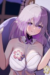1girl absurdres bandages bare_arms bare_shoulders breasts castorice_(honkai:_star_rail) chest_sarashi cleavage flower highres honkai:_star_rail honkai_(series) indoors large_breasts long_hair looking_at_viewer midriff pink_flower purple_eyes purple_flower purple_hair sarashi smile solo upper_body waranotana yellow_flower