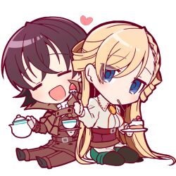 1boy 1girl araragi_ayune black_hair black_pantyhose blonde_hair blue_eyes bolo_tie brown_jacket brown_pants cake cake_slice chibi chibi_only closed_eyes collared_shirt commentary corset crossed_bangs cup food fork full_body green_shorts grey_shirt heart holding holding_fork holding_saucer holding_teapot isshiki-san_wa_koi_wo_shiritai. jacket long_hair long_sleeves looking_at_viewer meishi_leland open_mouth pants pantyhose pantyhose_under_shorts red_corset rinna_milford saucer shirt short_hair shorts simple_background sitting smile symbol-only_commentary teacup teapot white_background yokozuwari