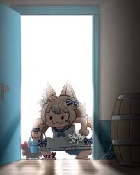 1girl :3 ahoge animal_ear_fluff animal_ears barefoot barrel blonde_hair blue_bow blue_hair blue_neckerchief blue_sailor_collar bow bucket commentary crab doorway dress english_commentary full_body glowing hair_bow holding holding_bucket indie_virtual_youtuber kaniki_(sameko_saba) multicolored_hair neckerchief sailor_collar sameko_saba sasuri_(vtuber)_(artist) solo squatting streaked_hair striped_bow v-shaped_eyebrows virtual_youtuber white_dress