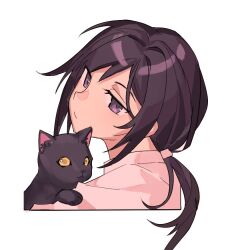 Rule 34 | allyouneedisuwu, animal, animal ear fluff, black cat, cat, chaos;child, colored sclera, commentary, english commentary, from side, holding, holding animal, holding cat, kunosato mio, lab coat, long hair, looking back, purple eyes, purple hair, shiny eyes, smile, smug, white background, yellow eyes, yellow sclera