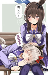Rule 34 | 2girls, admire vega (umamusume), amakaze16, animal ears, bench, blush, bow, bowtie, breasts, brown eyes, brown hair, curren chan (umamusume), ear bow, ear covers, grey hair, hair between eyes, hair ribbon, highres, horse ears, horse girl, horseshoe ornament, lap pillow, large breasts, long hair, long sleeves, low ponytail, multiple girls, pleated skirt, ponytail, purple shirt, purple skirt, purple thighhighs, red bow, ribbon, sailor collar, sailor shirt, school uniform, shirt, short hair, single ear cover, sitting, skirt, sleeping, spoken zzz, thighhighs, tracen school uniform, umamusume, white bow, white bowtie, white ribbon, zzz