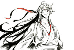 1boy ahoge beaugi chinese_clothes collarbone floating_hair greyscale hair_down hair_ribbon half_updo hanfu highres long_hair looking_at_viewer male_focus modao_zushi monochrome official_alternate_hairstyle parted_lips pectoral_cleavage pectorals red_eyes red_ribbon ribbon robe sash sidelocks simple_background smile solo spot_color upper_body very_long_hair wei_wuxian wei_wuxian_(yiling_laozu) white_background