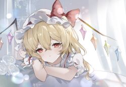 Rule 34 | 1girl, :&lt;, arm rest, blonde hair, blush, bow, crystal, crystal wings, flandre day, flandre scarlet, flower, hair between eyes, hat, hat ribbon, highres, looking at viewer, medium hair, mob cap, multicolored wings, puffy short sleeves, puffy sleeves, red eyes, ribbon, rose, short sleeves, solo, sorani (kaeru0768), touhou, white background, white flower, white hat, white rose, wings