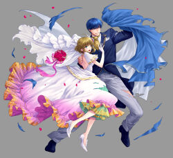 1boy 1girl ahoge alternate_costume backless_dress backless_outfit black_shoes blonde_hair blue_cape blue_eyes blue_hair blue_suit bouquet breasts bridal_veil bride cape clenched_teeth dress elbow_gloves father_and_daughter finn_(fire_emblem) fire_emblem fire_emblem:_genealogy_of_the_holy_war fire_emblem_heroes flower formal_clothes frilled_sleeves frills full_body gloves green_eyes grey_background grey_pants hair_ornament hand_on_another&#039;s_back hand_up high_heels highres lapels nanna_(fire_emblem) necktie nintendo one_eye_closed open_mouth oxfords pants peaked_lapels petals protecting red_flower red_rose rose rose_petals shoes short_hair short_hair_with_long_locks short_sleeves simple_background small_breasts strapless strapless_dress suit teeth toriko_momomo torn_cape torn_clothes torn_dress torn_pants v-shaped_eyebrows veil wedding_dress white_dress white_gloves white_shoes wing_hair_ornament yellow_necktie