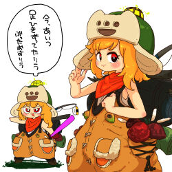 1girl absurdres alternate_costume backpack bag bandana blonde_hair blush brown_overalls cattail closed_mouth commentary_request cookie_(touhou) cowboy_shot fishing_rod food full_body green_hat grey_shirt hat highres looking_at_viewer medium_hair miramikaru_riran muimui_(4242564muimui) multiple_views mushroom omelet open_mouth overalls plant pocket red_bandana red_eyes shirt simple_background sleeveless sleeveless_shirt smile tamagoyaki thick_eyebrows translation_request ushanka white_background