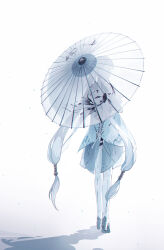 1girl black_collar boots bow coat collar commentary_request from_behind hair_bow high_heel_boots high_heels highres holding holding_umbrella huqu_(huqu45712) jinhsi_(wuthering_waves) long_hair low_twintails oil-paper_umbrella solo thigh_boots twintails two_side_up umbrella very_long_hair white_background white_coat white_hair white_umbrella wuthering_waves