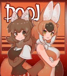2girls animal_ear_fluff animal_ears arms_under_breasts blush_stickers brown_eyes brown_hair chromatic_aberration crossed_arms dhole_(kemono_friends) dog_ears dog_tail dual_persona elbow_gloves fur_collar gloves highres kemono_friends looking_at_viewer multiple_girls notora outline parted_lips short_sleeves skirt smile tail