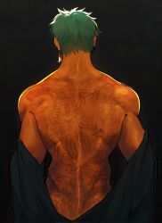 Rule 34 | 1boy, back, back tattoo, black background, black shirt, commentary, earrings, enchannw, english commentary, from behind, green hair, highres, jewelry, male focus, one piece, piercing, roronoa zoro, shirt, shirt partially removed, short hair, simple background, solo, tattoo, toned, toned male