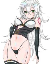 1girl aged_up alternate_breast_size alternate_hair_length alternate_hairstyle arm_at_side arm_belt bandaged_arm bandages bare_shoulders black_garter_straps black_panties breasts bridal_gauntlets closed_mouth commentary_request cowboy_shot double-parted_bangs facial_scar fate/apocrypha fate_(series) from_below garter_straps gluteal_fold green_eyes grey_hair hair_between_eyes highleg highleg_panties jack_the_ripper_(fate/apocrypha) large_breasts long_bangs long_hair looking_at_viewer messy_hair micro_panties navel panties partial_commentary revealing_clothes sakura_kyuma scar scar_across_eye scar_on_cheek scar_on_face shiny_skin shoulder_tattoo simple_background solo stomach tattoo underwear very_long_hair white_background