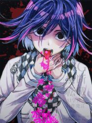 Rule 34 | 1boy, arm belt, black background, black eyes, blood, blood drip, blood on clothes, blood splatter, buttons, checkered clothes, checkered scarf, commentary, danganronpa (series), danganronpa v3: killing harmony, flipped hair, hair between eyes, hands on own neck, highres, long sleeves, looking at viewer, male focus, medium hair, numao yorozu, oma kokichi, open mouth, pink blood, purple hair, scarf, simple background, solo, teeth, tongue, tongue out, two-tone scarf, upper body, vomiting, watermark, wide-eyed