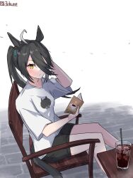 1girl ahoge animal_ears animal_print black_shorts blush book cat_print coffee cum drinking_straw ear_tag earrings english_text hair_between_eyes hair_ornament hair_over_one_eye hand_on_own_head high_ponytail highres holding holding_book horse_ears horse_girl horse_tail ice iced_coffee jewelry long_bangs long_hair long_hair_between_eyes looking_at_viewer manhattan_cafe_(umamusume) mitsune_(3chune) multicolored_hair on_chair ponytail shirt shorts single_earring sitting solo table tail umamusume very_long_hair white_hair white_shirt wooden_chair wooden_table yellow_eyes