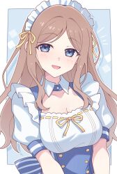 1girl bang_dream! bang_dream!_it&#039;s_mygo!!!!! blue_eyes blush border breasts brown_hair cleavage commentary e20 highres large_breasts lawson long_hair looking_at_viewer maid_headdress nagasaki_soyo open_mouth outside_border sidelocks solo white_border