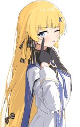 Rule 34 | 1girl, ;p, absurdres, akanbe, black bow, black collar, black gloves, blonde hair, blue eyes, blue sash, bow, collar, commentary, corrupted twitter file, cryne, eyelid pull, gloves, hair bow, hair ornament, highres, long hair, long sleeves, looking at viewer, no headwear, one eye closed, phoebe (wuthering waves), sash, shirt, simple background, skirt, solo, striped bow, tongue, tongue out, very long hair, white background, white shirt, white skirt, wuthering waves, x hair ornament