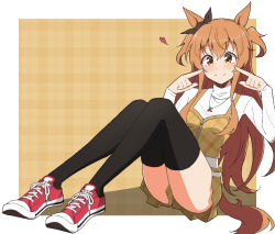1girl animal_ears black_thighhighs blush bow commentary_request converse dress ear_ribbon full_body hair_between_eyes heart horse_ears horse_girl horse_tail jewelry long_hair long_sleeves looking_at_viewer mayano_top_gun_(umamusume) necklace nel-c orange_eyes orange_hair pointing pointing_at_self red_shoes ribbon shoes sidelocks simple_background sitting smile sneakers solo tail thighhighs turtleneck two_side_up umamusume very_long_hair yellow_dress