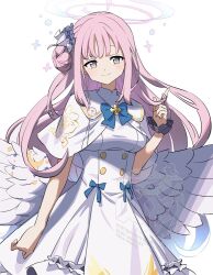 Rule 34 | 1girl, angel wings, blue archive, blue bow, blue bowtie, blush, bow, bowtie, breasts, closed mouth, commentary, cowboy shot, feathered wings, halo, hand up, index finger raised, long hair, looking at viewer, low wings, mchonmchon, medium breasts, mika (blue archive), pink eyes, pink hair, pink halo, scrunchie, short sleeves, sidelocks, simple background, smile, solo, watermark, white background, wings, wrist scrunchie