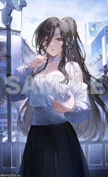 1girl billboard black_hair black_skirt breasts building choker city cloud collarbone commentary_request company_name copyright_notice cowboy_shot day earrings eyelashes fence fingernails gold_earrings gradient_hair grey_hair hair_between_eyes hair_ornament hand_up high_ponytail highres hoop_earrings jewelry large_breasts long_hair long_sleeves looking_at_viewer mmlyno mole mole_on_neck multicolored_hair nail_polish nijisanji off-shoulder_shirt off_shoulder official_art orange_eyes orange_nails outdoors outstretched_hand parted_bangs parted_lips pedestrian_lights pleated_skirt ponytail sample_watermark shirayuki_tomoe shirt skirt sky solo standing traffic_light tree virtual_youtuber watermark white_choker white_shirt