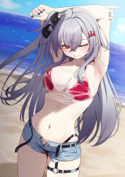 1girl absurdres akuame_(ring3922) arms_up beach belt bikini bikini_under_clothes crown_hair_ornament day grey_hair highres hololive hololive_dev_is holonatsu_paradise isaki_riona isaki_riona_(holonatsu_paradise) long_hair looking_at_viewer navel official_alternate_costume one_eye_closed one_side_up open_belt open_fly outdoors red_bikini red_eyes see-through_clothes see-through_shirt shirt short_shorts shorts solo swimsuit tank_top virtual_youtuber