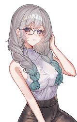 1girl absurdres blue_pupils blush braid brown_pants commentary devl_ga_aru eyewear_on_head firefly_(honkai:_star_rail) glasses gradient_eyes gradient_hair grey_hair hair_between_eyes hair_intakes hand_in_own_hair high-waist_pants highres honkai:_star_rail honkai_(series) long_hair multicolored_eyes multicolored_hair open_mouth pants romaji_commentary simple_background sleeveless sleeveless_turtleneck solo sweater teeth turtleneck turtleneck_sweater twin_braids white_background