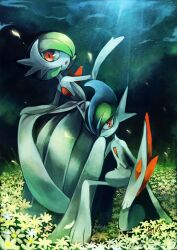 arm_blade bob_cut cape dress elbow_gloves falling_petals field flower flower_field gallade gardevoir gen_3_pokemon gen_4_pokemon gloves green_hair hair_over_one_eye kneeling looking_at_viewer mega_gallade mega_gardevoir mega_pokemon nintendo parted_lips petals pokemon pokemon_(creature) red_eyes strapless strapless_dress weapon white_cape white_dress white_gloves whitmoon