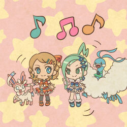 2girls altaria aqua_hair beamed_eighth_notes black_socks blonde_hair blue_eyes blue_shirt blue_shoes blue_skirt blue_tiara bright_pupils closed_mouth commentary_request earrings eighth_note eyelashes fangs gen_3_pokemon gen_6_pokemon grey_shorts hair_ornament jewelry lisia_(pokemon) long_hair midriff mojacookie multiple_girls musical_note navel nintendo official_alternate_costume official_art open_mouth orange_shirt orange_shoes orange_skirt pokemon pokemon_(anime) pokemon_(creature) pokemon_journeys ponytail second-party_source serena_(pokemon) shirt shoes short_hair shorts shorts_under_skirt single_sock skirt smile socks star_(symbol) star_symbol_background sylveon tiara white_pupils white_shorts