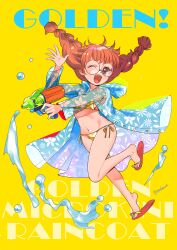 1girl ;d bikini blue_coat braid brown_eyes cafe_artful coat commentary_request full_body glasses gold_bikini hand_up hayasaka highres holding holding_water_gun hood hood_down hooded_coat long_hair long_sleeves looking_at_viewer navel one_eye_closed open_clothes open_coat open_mouth rance_(series) red_hair red_sandals round_eyewear sandals side-tie_bikini_bottom smile solo standing standing_on_one_leg swimsuit twin_braids twitter_username water water_gun yellow_background
