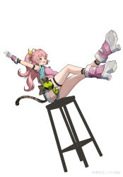 Rule 34 | 1girl, absurdres, bangboo (zenless zone zero), chair, deliaoqingquedebing sty, denim, denim shorts, denim vest, fake tail, fingerless gloves, fishnet sleeves, fishnet socks, fishnets, fur-trimmed vest, fur trim, gloves, green eyes, highres, leg warmers, leopard tail, long hair, micro shorts, nicole demara, nicole demara (cunning cutie), on chair, pink arm warmers, pink leg warmers, pink tube top, ribbon, shorts, sitting, smile, socks, solo, strapless, tail, thigh strap, tube top, vest, white background, zenless zone zero