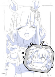 2girls alternate_costume animal_ears blunt_bangs blush breasts chrono_genesis_(umamusume) closed_eyes commentary_request crying crying_with_eyes_open dantsu_flame_(umamusume) destino detached_sleeves fingerless_gloves gloves hair_between_eyes hair_ornament highres monochrome multiple_girls portrait small_breasts tears teeth umamusume upper_teeth_only v