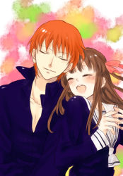 1boy 1girl ascot bow brown_hair closed_eyes couple fruits_basket hair_bow hetero honda_tooru open_mouth orange_hair pixiv_id_3963172 sailor_collar school_uniform serafuku smile sohma_kyou