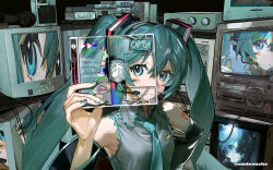 1girl amd_aoneko aqua_hair black_sleeves cd_case detached_sleeves grey_shirt hatsune_miku holding_case shirt sleeveless sleeveless_shirt solo television twintails upper_body vocaloid
