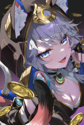 1girl absurdres animal_ears black_gloves black_hood blue_eyes breasts cat_ears cat_girl cat_tail cipher_(honkai:_star_rail) coin commentary fingerless_gloves fingernails gloves grey_hair hand_up highres honkai:_star_rail honkai_(series) kuro_(rudyan0128) long_fingernails looking_at_viewer medium_breasts mole mole_on_chest multicolored_eyes nail_polish open_mouth sharp_fingernails smile solo tail two-tone_eyes yellow_nails