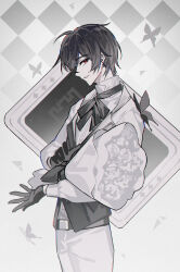 1boy argyle_background ayn_alwyn belt black_belt black_butterfly black_gloves black_hair black_ribbon black_vest bouquet bug butterfly chinese_commentary cowboy_shot cropped_jacket earrings flower formal_clothes from_side gloves hair_between_eyes highres holding holding_bouquet insect jacket jewelry kazenemuri lapels long_sleeves looking_at_viewer lovebrush_chronicles male_focus neck_ribbon notched_lapels pants parted_lips profile red_eyes ribbon rose shirt shirt_tucked_in short_hair sideways_glance smile solo standing stud_earrings suit vest white_background white_flower white_jacket white_pants white_rose white_shirt white_suit