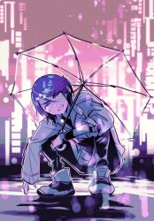 Rule 34 | 1boy, absurdres, axis powers hetalia, boots, building, city, commentary request, dog bow wow, hair between eyes, highres, holding, holding umbrella, hong kong (hetalia), jacket, lapels, long sleeves, looking at viewer, male focus, mandarin collar, monochrome, night, open clothes, open jacket, outdoors, pants, purple theme, shadow, shirt, short hair, skyscraper, smile, solo, squatting, teeth, transparent, transparent umbrella, umbrella, v-shaped eyebrows