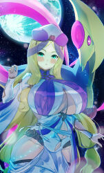 1girl absurdres aged_up alternate_costume aqua_eyes beret blonde_hair blush breasts bridal_gauntlets caitlin_(pokemon) clothing_cutout commentary_request cowboy_shot cresselia dress full_moon gen_4_pokemon groin hand_up hat highres hip_vent hizakake huge_breasts legendary_pokemon long_dress long_hair long_sleeves looking_at_viewer moon navel navel_cutout nintendo parted_bangs parted_lips pokemon pokemon_(creature) pokemon_bw sidelocks solo_focus standing star_(symbol) star_symbol_background underboob very_long_hair white_dress