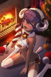 1girl :d announ_(kurotya) bare_arms bare_shoulders bell blush breasts christmas_ornaments christmas_stocking christmas_tree commentary_request crop_top dark-skinned_female dark_skin fate/grand_order fate/prototype fate/prototype:_fragments_of_blue_and_silver fate_(series) female_focus fingernails fire fireplace flower fur_collar glint hair_between_eyes hand_up hassan_of_serenity_(fate) hassan_of_serenity_(merry_sheep)_(fate) highres holding horns indoors kunai looking_at_viewer navel no_shoes open_mouth panties purple_eyes purple_hair red_flower ribbon-trimmed_legwear ribbon_trim sheep_horns sidelocks sitting small_breasts smile solo thighhighs underboob underwear wariza weapon white_panties white_thighhighs wool yarn yarn_ball