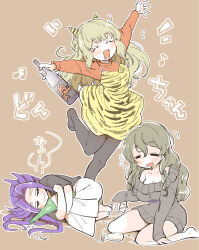3girls :3 alcohol animal_print arm_up barefoot black_pantyhose black_shirt blonde_hair blush bottle breasts closed_eyes dress drunk fake_horns fujii_rino half-closed_eyes highres holding holding_bottle horns hugging_object jun&#039;you_(kancolle) kantai_collection leg_up long_hair long_sleeves multiple_girls off_shoulder open_mouth pantyhose pola_(kancolle) pola_(saury_festival)_(kancolle) purple_hair ranger_(kancolle) ranger_(setsubun)_(kancolle) saliva shirt simple_background sitting skirt spiked_hair sweater sweater_dress tiger_print white_skirt