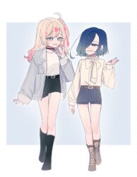 2girls :d alternate_costume arm_at_side bare_legs belt black_boots black_choker black_shorts blonde_hair blue_eyes boots brown_boots casual chi_kan100 choker facial_mark gradient_background grey_background grey_jacket hair_between_eyes hair_ornament hair_over_one_eye hair_scrunchie hairclip hand_to_own_mouth hand_up heart heart_facial_mark highres jacket kedarui_aashii kimi_no_koto_ga_dai_dai_dai_dai_daisuki_na_100-nin_no_kanojo knee_boots lace-up_boots long_hair long_sleeves looking_at_another mark_under_eye multiple_girls nail_polish nakaji_uto one_eye_covered one_side_up open_mouth pink_hair pink_nails puffy_long_sleeves puffy_sleeves scrunchie shirt short_hair short_shorts shorts simple_background smile thigh_gap white_shirt yellow_shirt