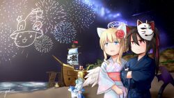 Rule 34 | 3girls, alternate costume, angel wings, animal ears, bat wings, beach, black hair, blonde hair, blue dress, blue eyes, bow, cat ears, cat girl, cat tail, dress, emil chronicle online, fireworks, flower, hair flower, hair ornament, halo, highres, japanese clothes, kimono, mask, mask on head, multiple girls, nekomata kuro, nekomata shiro, night, night sky, pegasus, ponytail, red bow, red eyes, ship, sky, tail, tita (eco), watercraft, wings, yukata, yukuri