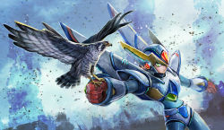 1boy android armor bird capcom clenched_hand cowboy_shot dutch_angle falcon falcon_armor_x_(mega_man) gloves green_eyes helmet kiwakiwa looking_to_the_side male_focus mega_man_(series) mega_man_x5 mega_man_x_(series) name_connection object_namesake outstretched_arm peregrine_falcon power_armor red_gloves serious x_(mega_man)