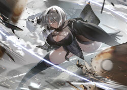 1girl 2b_(nier:automata) absurdres black_boots black_dress black_thighhighs boots breasts commentary dress grey_eyes grey_hair highres holding holding_sword holding_weapon katana large_breasts nier:automata nier_(series) parted_lips short_hair solo sword teddypocky thigh_boots thighhighs thighhighs_under_boots thighs variant_set weapon