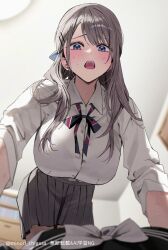 2girls blue_eyes blush bow bowtie bra_visible_through_clothes breasts chigusa_minori collared_shirt commentary_request dress_shirt female_pov grey_hair grey_skirt highres large_breasts long_hair multiple_girls open_mouth pleated_skirt pov saotome_shino_(shino_to_ren) school_uniform serafuku shino_to_ren shirakami_fubuki shirt skirt sweat white_bow white_bowtie white_shirt yuri