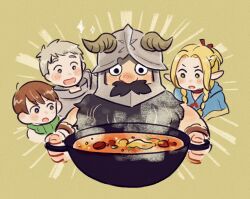 1girl 3boys awestruck beard blush brown_background brown_hair chilchuck_tims dungeon_meshi dwarf elf facial_hair fake_horns happy helmet highres horned_helmet horns incoming_food laios_touden long_beard marcille_donato milkpurin3718 multiple_boys mustache pointy_ears senshi_(dungeon_meshi) steam stew thick_mustache very_long_beard wok