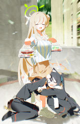 Rule 34 | 3girls, :d, absurdres, alternate costume, animal ear fluff, animal ears, ayane (blue archive), bag, black hair, black pants, black shirt, blue archive, bm tol, brown skirt, cat ears, cat girl, closed eyes, facing viewer, green halo, hair between eyes, hair bun, hair ribbon, halo, highres, holding, holding bag, hug, jewelry, kneeling, light brown hair, long hair, long sleeves, multiple girls, necklace, nonomi (blue archive), open mouth, pants, plastic bag, ribbon, serika (blue archive), shirt, shirt overhang, shoes, short hair, single side bun, skirt, smile, sneakers, socks, squatting, striped clothes, striped shirt, twintails, unworn eyewear, very long hair, white footwear, white socks