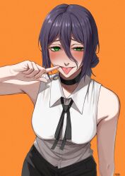 1girl black_hair black_ribbon black_shorts blush chainsaw_man collared_shirt green_eyes grenade_pin hair_between_eyes hashtag-only_commentary highres looking_at_viewer matomo neck_ribbon orange_background reze_(chainsaw_man) ribbon shirt shorts simple_background solo tongue tongue_out white_shirt